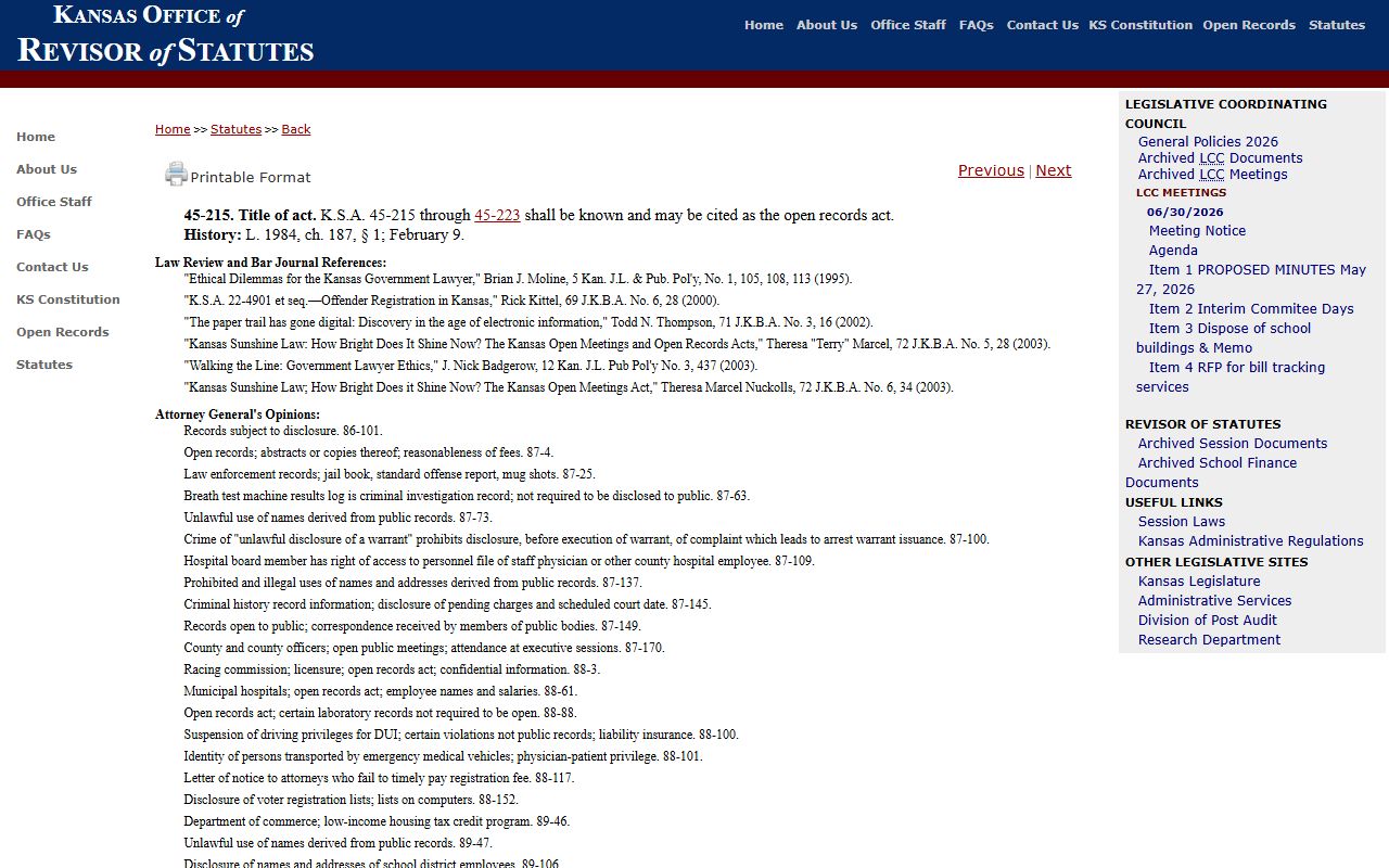 Hodgeman County arrest records and court charges K.S.A. 45-215 Kansas Open Records Act