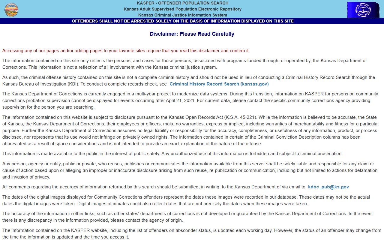 Hodgeman County inmate search KASPER offender search disclaimer