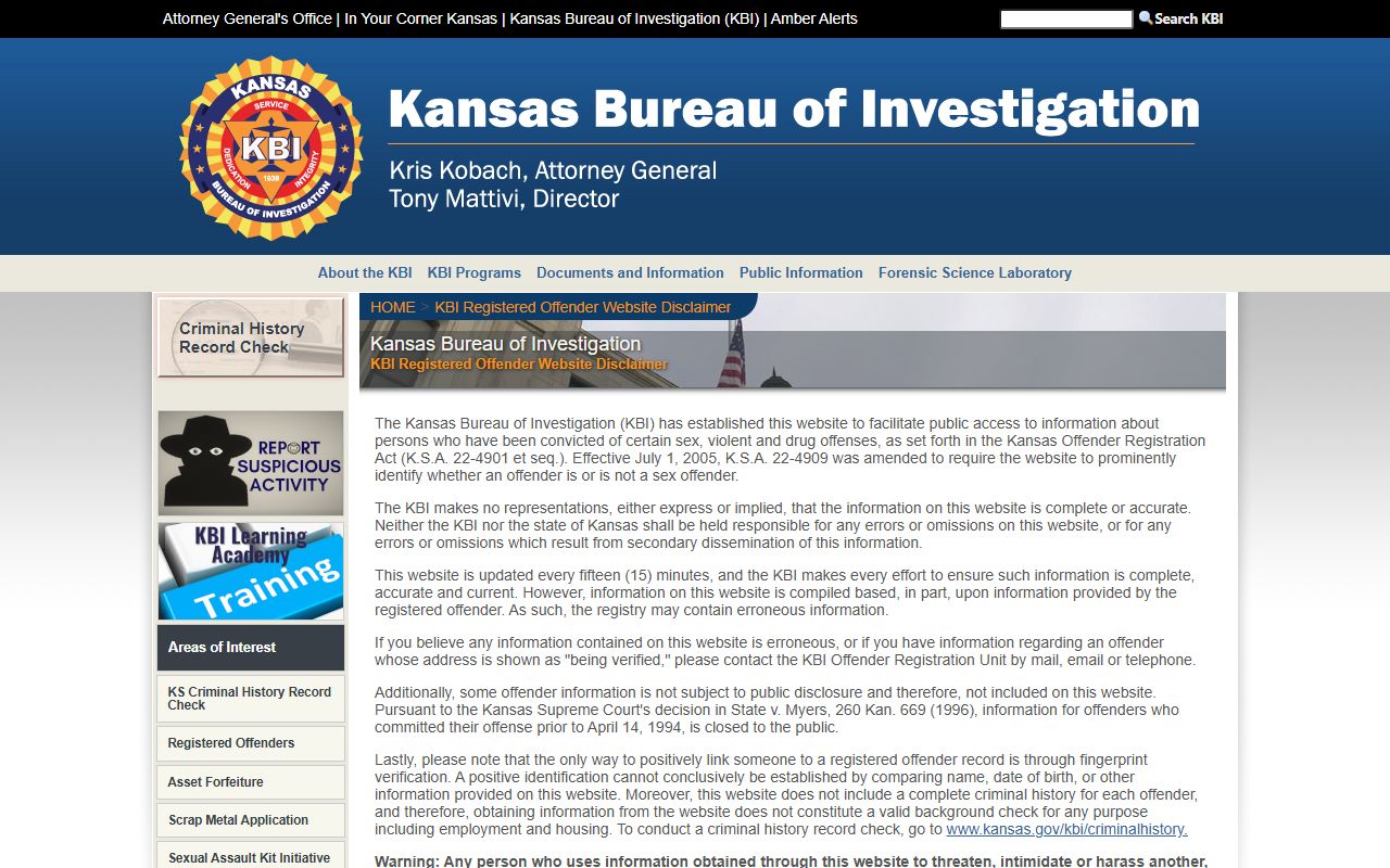 Hodgeman County inmate records KBI registered offender search disclaimer