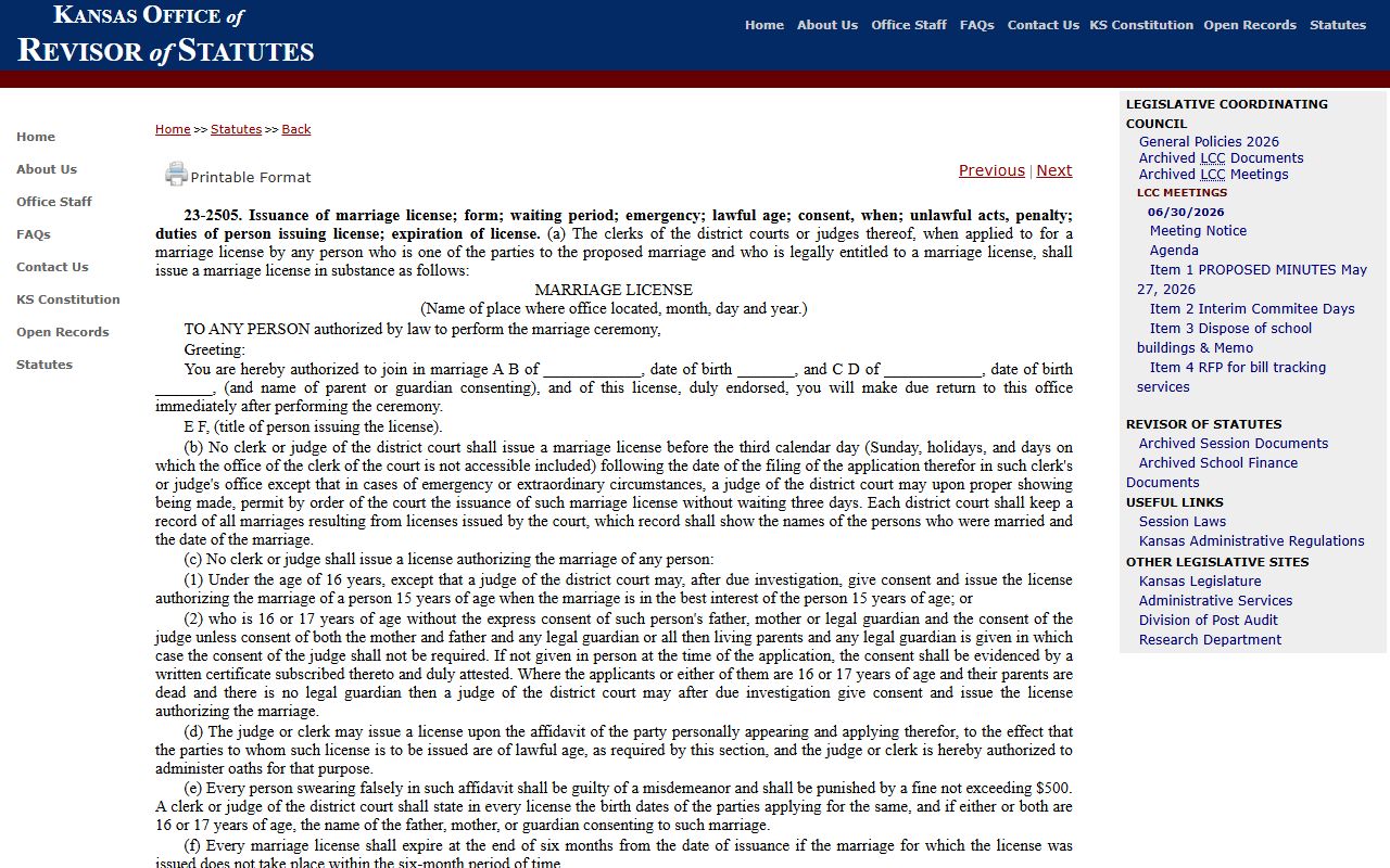 Hodgeman County marriage records K.S.A. 23-2505 license rules