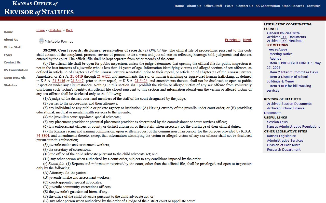Hodgeman County probate records juvenile disclosure limits K.S.A. 38-2309